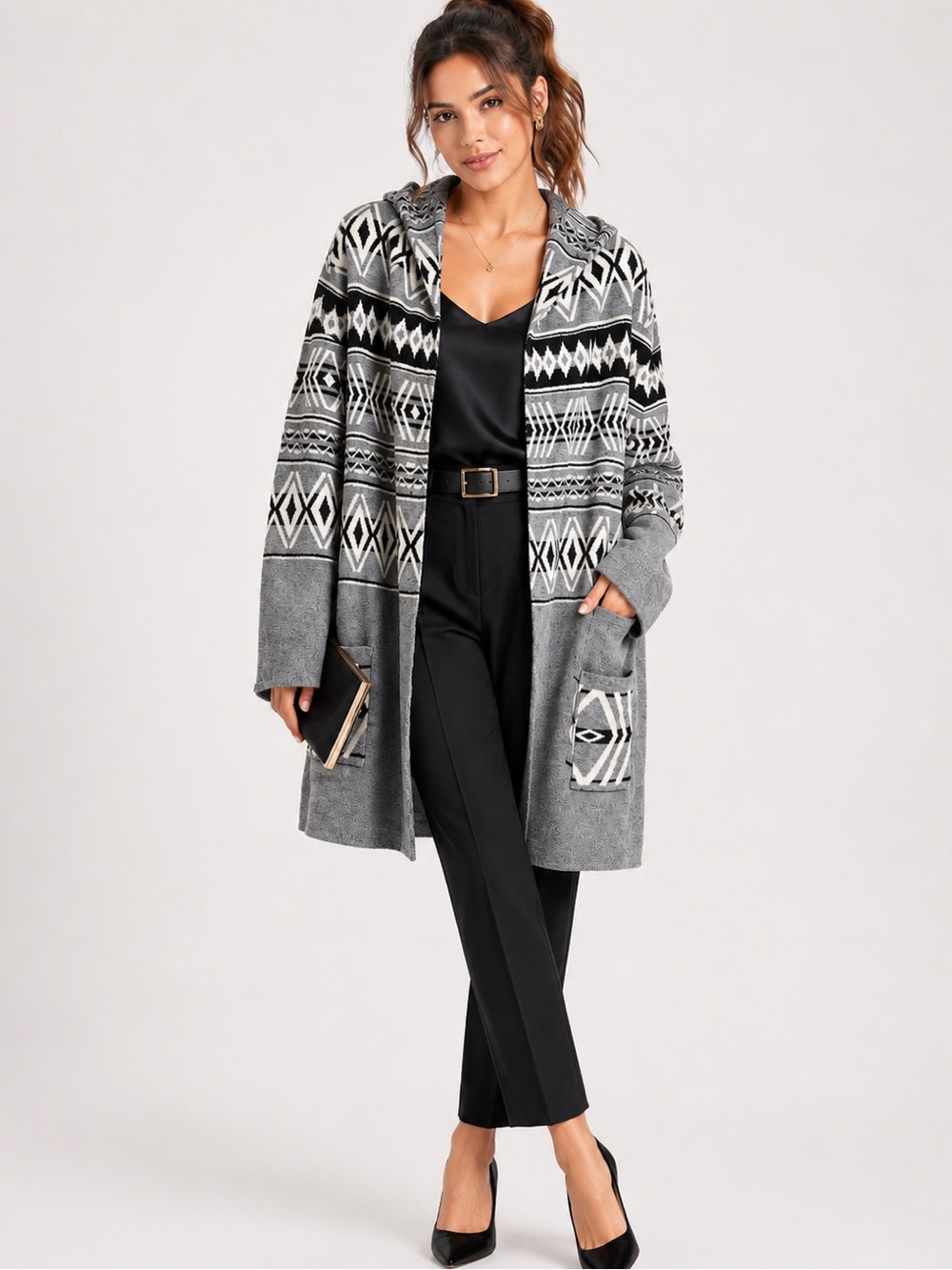 Rachel Zoe Grey Tribal Geometric Hooded Cardigan